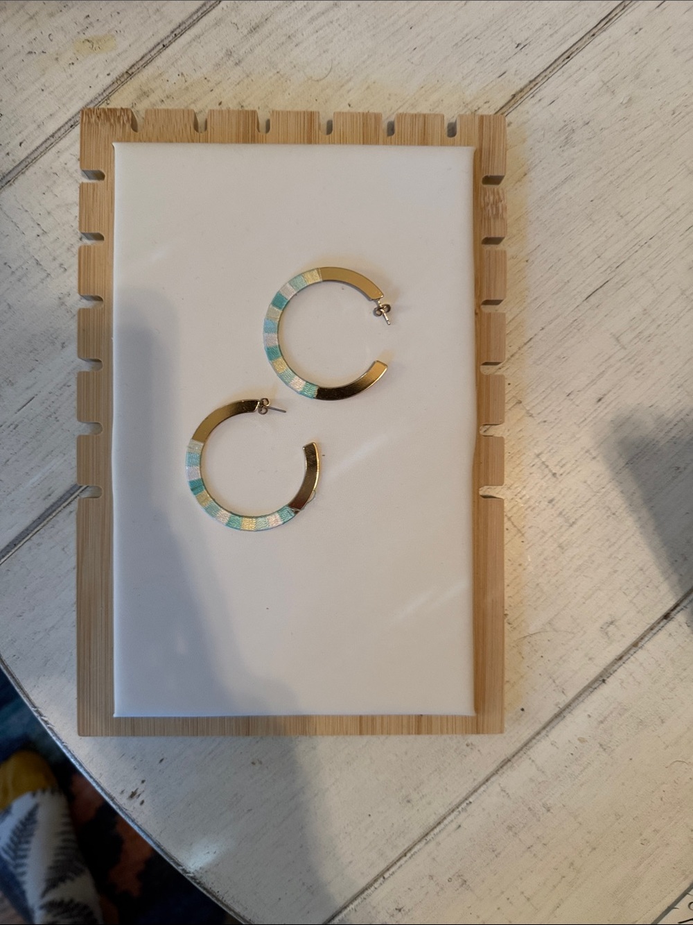 2” Gold Hoop Earrings with Mint and White Inlay